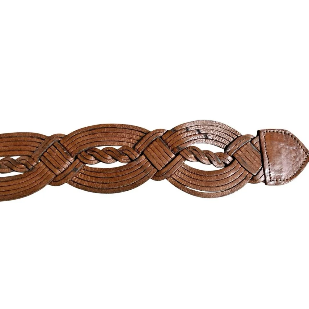 Vintage Boho Braided Leather Belt Oversized Engraved Statement Buckle Western 46